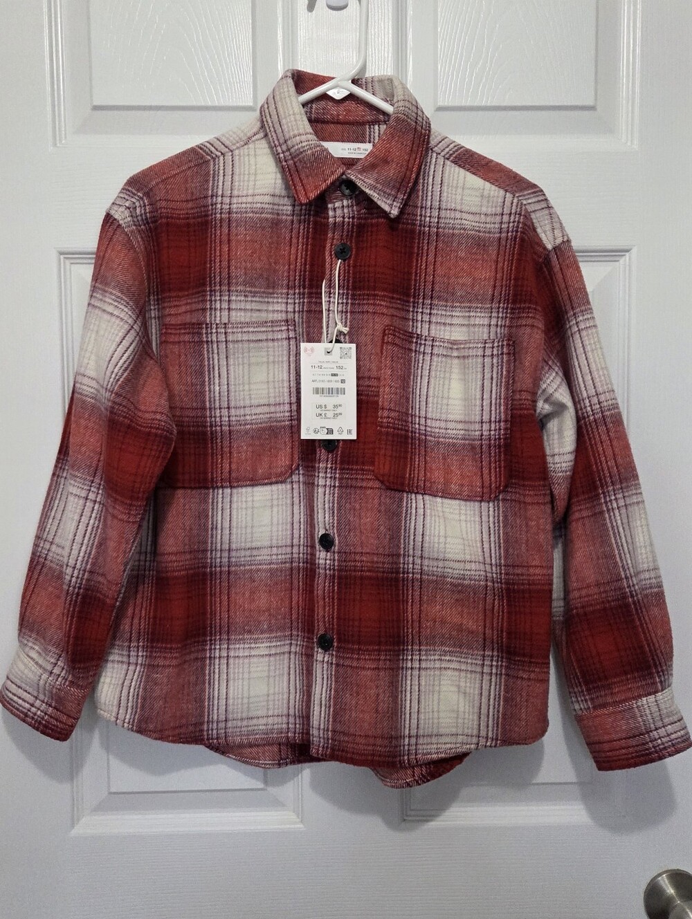 Zara Boys Red & Cream Plaid Flannel Cozy Button-Up Collared Overshirt Size 11/12